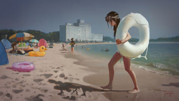 1girl barefoot beach black_hair building commentary_request dated day goggles goggles_on_head grey_sky highres holding holding_swim_ring innertube ocean original outdoors people realistic sand shadow signature sky solo_focus summer swim_ring walking wet wet_hair xiaobanbei_milk