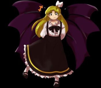 Rule 34 | 1girl, bat wings, black footwear, black skirt, blonde hair, bow, dress, frilled dress, frills, hair bow, kurumi (touhou), long hair, long sleeves, lotus land story, murunge, ribbon, shirt, skirt, smile, solo, suspenders, touhou, touhou (pc-98), transparent background, wings, yellow eyes, zun (style)