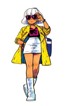 1girl absurdres adjusting_eyewear aubrey_(worst_world) bag black_shirt blue_bag boots bryan_lee_o'malley coat dark-skinned_female dark_skin expressionless female_focus full_body hand_on_own_hip high-waist_skirt highres light_frown long_sleeves marker_(medium) markers mtv mtv_logo open_clothes open_coat original purple-framed_eyewear shirt short_hair shoulder_bag simple_background sketchbook skirt sleeves_pushed_up solo standing t-shirt traditional_media transparent_background white_background white_boots white_hair worst_world yellow_coat