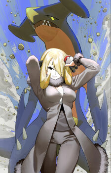 1girl absurdres blonde_hair breasts closed_mouth coat commentary_request cynthia_(pokemon) day eyelashes fur-trimmed_coat fur_collar fur_trim garchomp gen_4_pokemon grey_eyes hair_over_one_eye highres holding holding_poke_ball long_hair long_sleeves nintendo outdoors pants poke_ball poke_ball_(basic) pokemon pokemon_(creature) pokemon_dppt rock satou_0_zero shirt sky smile