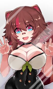 against_glass animal_ears breasts brown_hair cleavage hands_against_glass highres owozu raccoon_ears raccoon_girl raccoon_tail rakkun_sutaru rakkun_sutaru_(2nd_costume) slash-ex smile tail virtual_youtuber