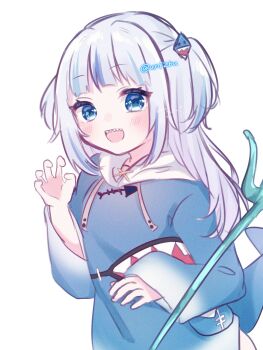 1girl :d blue_eyes blue_hair blue_hoodie blue_streaks blunt_bangs blush claw_pose commentary fins fish_tail gawr_gura gawr_gura_(1st_costume) grey_hair hair_ornament hand_up highres hololive hololive_english hood hood_down hoodie ligh_xi long_hair long_sleeves looking_at_viewer multicolored_hair open_mouth polearm shark_girl shark_hair_ornament shark_print shark_tail sharp_teeth simple_background sleeves_past_wrists smile solo streaked_hair tail teeth trident twitter_username two-tone_hair two_side_up upper_body virtual_youtuber weapon white_background wide_sleeves