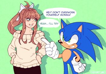 Rule 34 | 1boy, 1girl, artist name, bra strap, breasts, brown hair, crossover, doki doki literature club, english text, gloves, green eyes, grin, hair ribbon, hand on own hip, hands on own hips, highres, index finger raised, large breasts, legs, monika (doki doki literature club), pants, ponytail, ribbon, sega, smile, sonic (series), sonic the hedgehog, sweater, teeth, thighs