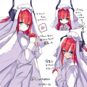 1girl blue_eyes colored_extremities commentary_request dated dragon_girl dragon_horns dress elizabeth_bathory_(avenger)_(fate) elizabeth_bathory_(fate) fate/grand_order fate_(series) heart highres horns long_hair looking_at_viewer multiple_views own_hands_clasped own_hands_together praying red_hair ruugaruu simple_background smile spoken_heart translation_request twitter_username two_side_up veil white_background white_dress white_headdress white_veil