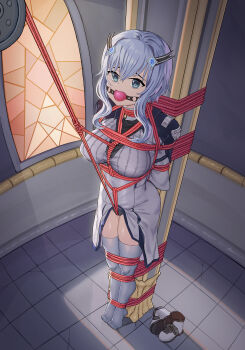 1girl absurdres ankle_boots aqua_eyes arms_behind_back ball_gag bdsm between_breasts blue_eyes blue_panties blue_thighhighs bondage boots bound bound_arms bound_breasts bound_legs bound_torso breast_bondage breasts church church_interior clothes_lift clothes_pull crotch_rope diamond_hair_ornament dress dress_lift female_focus gag gagged hair_between_eyes hair_ornament hair_ribbon highres indoors kidnapped kidnapping large_breasts leonard_(callu_jy) long_hair long_sleeves looking_afar looking_to_the_side maou_gakuin_no_futekigousha misha_necron panties pillar pleated_dress red_rope ribbon rope shoes short_hair short_hair_with_long_locks sidelocks solo solo_focus stained_glass sunlight thighhighs thighs tiptoes underwear unworn_shoes upskirt white_dress