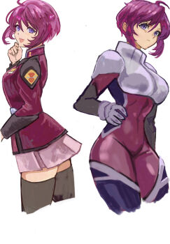 1girl ahoge black_thighhighs blush bodysuit breasts closed_mouth commentary_request covered_navel cowboy_shot cropped_legs gloves gundam gundam_seed gundam_seed_destiny hair_between_eyes hand_on_own_chin hand_on_own_hip highres jacket large_breasts long_sleeves looking_to_the_side lunamaria_hawke mecha_pilot_suit medium_breasts medium_hair miniskirt multiple_views normal_suit_(gundam) okrdisk2000 pleated_skirt purple_eyes purple_hair purple_jacket purple_skirt short_hair sidelocks simple_background skin_tight skirt smile thighhighs turtleneck white_background zaft_uniform zettai_ryouiki