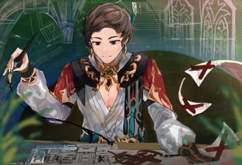 1boy akademiya_uniform animification architecture ben_balmeceda blue_feathers blue_sash breasts brown_eyes brown_hair cape cleavage closed_mouth commentary compression_shirt cosplay earrings english_commentary facial_hair feather_hair_ornament feathers floorplan flying_paper gem genshin_impact gloves gold_trim green_cape green_gemstone hair_ornament highres holding holding_paintbrush jewelry kanako_(fuwachu) kaveh_(genshin_impact) kaveh_(genshin_impact)_(cosplay) long_sleeves looking_down male_focus mandarin_collar measurements paint paintbrush paper pectoral_cleavage pectorals real_life sash shirt short_hair side_cape sideburns sitting sketch smile stubble voice_actor voice_actor_connection white_shirt x_(symbol)