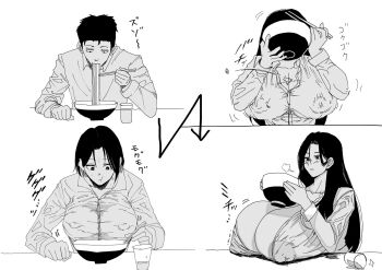 1boy 1girl breasts cleavage commentary_request eating food genderswap genderswap_(mtf) gigantic_breasts hair_intakes highres kumanomi9117 long_hair monochrome noodles original popped_button simple_background transformation