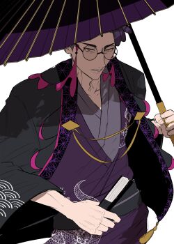 black_haori corbeau_(pokemon) eyewear_strap folding_fan glasses hand_fan haori highres holding holding_fan holding_umbrella japanese_clothes kimono looking_up nintendo oil-paper_umbrella pokemon pokemon_legends:_z-a purple_hair purple_kimono round_eyewear sash short_hair sinm_i umbrella white_background yellow_eyes yukata