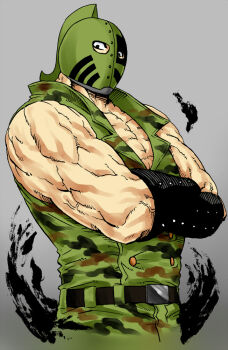 Rule 34 | 1boy, artist request, bare shoulders, clenched hands, crossed arms, helmet, kinniku ataru, kinnikuman, kinnikuman soldier, large pectorals, looking at viewer, manly, military, military uniform, muscular, pectorals, simple background, solo, standing, wrestling, wrestling mask, wrestling outfit
