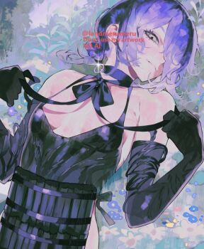 1girl apron black_apron black_gloves black_ribbon bomb_devil_(chainsaw_man) breasts chainsaw_man choker closed_mouth dynamite elbow_gloves explosive gloves grenade_pin grey_eyes hair_bun hair_over_one_eye landmerumeru neck_ribbon purple_choker purple_hair reze_(chainsaw_man) ribbon small_breasts solo