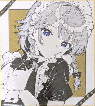 Rule 34 | 1girl, absurdres, black dress, blue eyes, braid, closed mouth, collared shirt, commentary request, dress, grey hair, hair intakes, highres, izayoi sakuya, long hair, looking at viewer, maid headdress, marker (medium), re re merry, shikishi, shirt, solo, touhou, traditional media, twin braids, upper body, white shirt, wrist cuffs