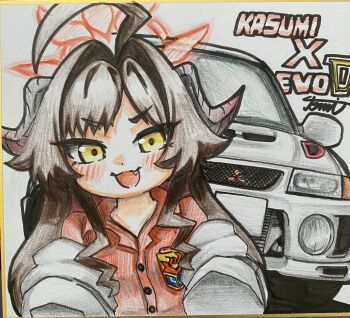 1girl :3 :d absurdres ahoge black_hair black_horns blue_archive car coat collared_shirt commentary_request demon_girl demon_horns fang hair_intakes halo highres horns kasumi_(blue_archive) long_hair long_sleeves looking_at_viewer mitsubishi_lancer_evolution mitsubishi_motors motor_vehicle open_mouth red_halo red_shirt shikishi shirt sleeves_past_fingers sleeves_past_wrists smile solo tomimon traditional_media twintails white_car white_coat yellow_eyes