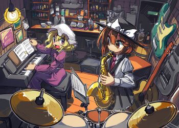 2girls absurdres alto_saxophone barrel black_skirt blonde_hair bow brown_eyes brown_hair collared_shirt commentary_request cup doggo_1d34 dress drum guitar hat hat_bow highres holding holding_instrument indoors instrument jar light_bulb long_sleeves maribel_hearn medium_hair mob_cap multiple_girls music necktie open_mouth piano playing_instrument purple_dress purple_eyes red_necktie ribbon-trimmed_skirt ribbon_trim sheet_music shirt sitting skirt smile teacup touhou usami_renko white_bow white_hat white_shirt