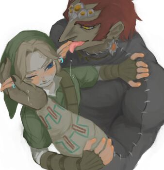 2boys blonde_hair blue_eyes blush brown_gloves commentary_request dark-skinned_male dark_skin ear_blush ear_licking earrings fingerless_gloves forehead_jewel furrowed_brow ganondorf gem gloves green_hat green_tunic grey_shirt grrr0111 hair_intakes hair_slicked_back hat height_difference highres hoop_earrings jewelry licking link male_focus multiple_boys muscular muscular_male muted_color nintendo no_armor one_eye_closed orange_gemstone parted_bangs pointy_ears red_hair shirt short_hair shoulder_belt sideburns simple_background sweat the_legend_of_zelda the_legend_of_zelda:_ocarina_of_time thick_eyebrows tongue tongue_out tunic white_background white_shirt yaoi yellow_eyes