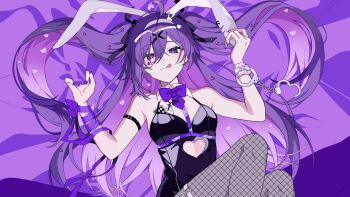 1girl ace_(playing_card) ace_of_hearts ahoge animal_ears arm_belt arm_strap bed_sheet black_leotard black_pantyhose black_ribbon blush bow bowtie breasts broken_heart card chest_harness clothing_cutout collar colored_inner_hair commentary_request cross cuffs cutout_above_navel detached_collar dot_nose earrings fishnet_pantyhose fishnets hair_ornament hair_over_one_eye hair_ribbon handcuffs harness headband heart heart_cutout heart_hair_ornament highres hoop_earrings indie_utaite jewelry latin_cross leotard licking_lips long_hair looking_at_viewer lying mekabusoup multicolored_hair o-ring o-ring_thigh_strap on_back on_bed pantyhose pink_pupils playboy_bunny playing_card purple_bow purple_bowtie purple_eyes purple_hair purple_nails purple_ribbon rabbit_ears rabbit_hair_ornament rabbit_hole_(vocaloid) ribbon sheet_grab sidelocks single_handcuff small_breasts smile solo teardrop_facial_mark thigh_strap tongue tongue_out tonochuu_(yukimura) two_side_up white_collar white_headband wrist_ribbon x_hair_ornament