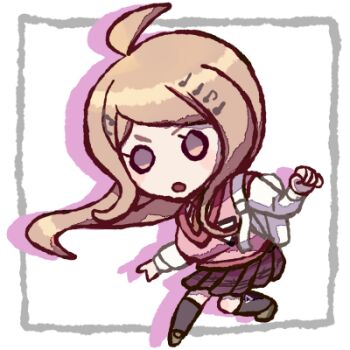 1girl ahoge akamatsu_kaede backpack bag black_socks blonde_hair breasts brown_shoes buckle chibi collared_shirt commentary_request crest danganronpa_(series) danganronpa_v3:_killing_harmony determined drop_shadow eyelashes floating_hair fortissimo hair_ornament hairclip kneehighs large_breasts loafers long_hair long_sleeves looking_at_viewer lowres miniskirt musical_note musical_note_hair_ornament musical_note_print na_no_(nanoatm) necktie orange_necktie outside_border picture_frame pink_vest pleated_skirt print_skirt purple_eyes purple_skirt shirt shoes sidelocks skirt socks solid_circle_eyes solo transparent_background v-neck vest white_bag white_shirt