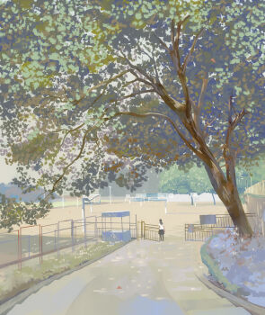 1girl bangqiao_yan black_skirt bush collared_shirt day dirt_road fence from_behind full_body gate original outdoors railing road scenery shirt skirt solo tree white_shirt