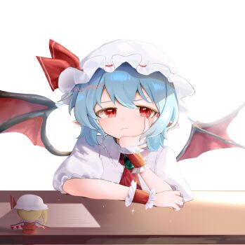 1girl ascot bat_wings blue_hair brooch character_doll closed_mouth collared_shirt commentary_request doll flandre_scarlet frilled_shirt_collar frills frown hand_on_own_cheek hand_on_own_face hat hat_ribbon highres jewelry loveplum0510 mob_cap puffy_short_sleeves puffy_sleeves red_ascot red_eyes red_nails remilia_scarlet ribbon shirt short_sleeves simple_background solo touhou white_background white_hat white_shirt wings wrist_cuffs
