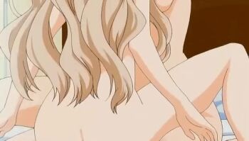 2girls animated animated_gif anime_screenshot ass bed bed_sheet bedroom black_hair blonde_hair blush breasts closet completely_nude english_text from_behind hug indoors kawamura_reo long_hair medium_breasts multiple_girls nipples nude on_bed sawaguchi_mai sitting sono_hanabira_ni_kuchizuke_wo spread_legs subtitled yuri