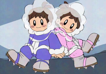 Rule 34 | 1boy, 1girl, axe yuuri, back-to-back, black eyes, blush, blush stickers, boots, brown hair, closed mouth, fur trim, holding hands, hood, hood up, ice climber, long sleeves, looking at viewer, nana (ice climber), nintendo, popo (ice climber), see-through clothes, short hair, sitting, sketch, smile