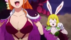 2girls animated anime_screenshot arms_up audible_speech beast_pirates beast_pirates_uniform blonde_hair bra breasts brown_eyes carrot_(one_piece) cleavage closed_eyes english_audio gasp green_bra jumping large_breasts long_hair looking_at_another looking_at_viewer mink_tribe multiple_girls nami_(one_piece) nami_(one_piece)_(onigashima) one_piece orange_hair rabbit_ears rabbit_girl running short_hair sound tagme underwear video zooming_in