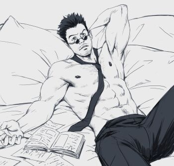 Rule 34 | 1boy, abs, armpits, bara, beard stubble, commentary, english commentary, facial hair, greyscale, highres, hunter x hunter, leorio paladiknight, looking at viewer, loose necktie, lying, male focus, mini eyewear, monochrome, navel, navel hair, necktie, nick300, nipples, on back, pants, pectorals, short hair, sideburns stubble, solo, sparse chest hair, stubble, toned, toned male, topless male