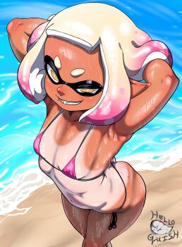1girl absurdres armpits arms_behind_head arms_up artist_name ass beach bikini blonde_hair breasts dark-skinned_female dark_skin day domino_mask eye_mask fangs flat_chest from_above grin helloguish highres loli looking_at_viewer mask micro_bikini mole mole_under_mouth multicolored_hair navel nintendo ocean one-piece_tan outdoors pearl_(splatoon) pink_bikini pink_hair pointy_ears sand short_eyebrows short_hair side-tie_bikini_bottom small_breasts smile solo splatoon_(series) splatoon_2 standing string_bikini swimsuit tan tanline teeth tentacle_hair thick_eyebrows thong thong_bikini two-tone_hair water wet white_hair yellow_eyes