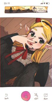 1girl battery_indicator black_dress black_nails blonde_hair copyright_name demon_girl demon_horns demon_wings dress fake_horns green_eyes hairband halloween_costume highres horn_hairband horns lipstick long_hair looking_at_viewer makeup nail_polish neck_ribbon nintendo pointy_ears princess_zelda red_lips red_ribbon ribbon selfie signal_bar solo the_legend_of_zelda the_legend_of_zelda:_breath_of_the_wild tkdnlerkdtpfsut user_interface wi-fi_symbol wings