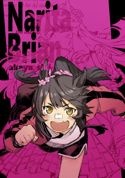 1girl absurdres aged_down akaya_shiki alternate_costume animal_ears artist_name bandaid bandaid_on_face bandaid_on_nose black_hair black_shorts character_name commentary ear_ornament highres horse_ears horse_girl horse_tail jacket long_hair narita_brian_(umamusume) open_mouth pink_jacket ponytail running shirt shorts smile solo tail umamusume very_long_hair white_shirt yellow_eyes