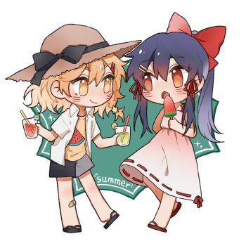 2girls alternate_costume alternate_headwear bandaid bandaid_on_knee bandaid_on_leg black_bow black_sandals black_shorts blush bow braid brown_hat chibi chibi_only chinese_commentary closed_mouth commentary_request cup dress drinking_glass drinking_straw eye_contact food food_print fruit fruit_print gradient_clothes gradient_dress hair_bow hair_ornament hair_ribbon hairpin hakurei_reimu hat hat_bow hitte5416 holding holding_cup juice kirisame_marisa lemon lemon_slice looking_at_another multiple_girls open_clothes open_mouth open_shirt ponytail popsicle print_shirt red_bow red_dress red_eyes red_ribbon red_sandals ribbon ribbon-trimmed_dress ribbon_trim sandals shirt short_sleeves shorts side_braid single_braid smile star_(symbol) star_hair_ornament sun_hat touhou watermelon_bar watermelon_print white_dress white_shirt yellow_shirt