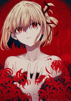 Rule 34 | 1girl, blonde hair, collarbone, commentary, flower, hair ribbon, highres, lycoris recoil, nishikigi chisato, nude, one side up, paperca-ke, parted lips, red eyes, red ribbon, ribbon, short hair, solo, spider lily, symbol-only commentary
