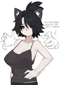 1girl animal_ear_fluff animal_ears bare_arms bare_shoulders black_hair black_shirt cat_ears closed_mouth earrings hair_over_one_eye highres jewelry original shirt short_hair solo_focus standing white_background yoako