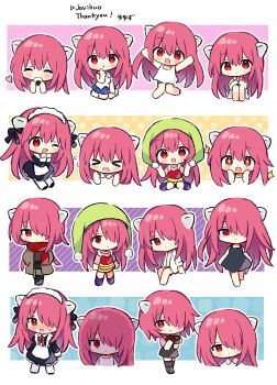 1girl :d :o black_dress blush bow chibi collared_shirt commentary commission dress eating elfen_lied english_commentary expressionless food full_body hair_bow hat heart highres holding holding_food horns jumping kneehighs long_hair lucy_(elfen_lied) maid maid_headdress multiple_expressions multiple_views music_box onigiri open_clothes open_mouth open_shirt pink_hair red_scarf scarf shirt sitting smile socks solo standing white_shirt yuyuzu