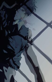 1boy absurdres arm_at_side bare_arms blood blood_from_mouth blood_on_face blood_on_ground clenched_teeth collared_shirt cowboy_shot dappled_moonlight emphasis_lines greyscale hair_behind_ear highres indoors looking_at_viewer lying male_focus monochrome moonlight omori on_back pants scene_reference shirt short_hair short_sleeves solo spoilers spot_color sunny_(omori) sweater_vest teeth tomomu_0 very_short_hair white_shirt