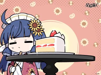 >_< 1girl :< ahoge animated animated_gif apron blue_hair blunt_bangs blunt_tresses blush broom cake cake_slice chinese_commentary clenched_teeth closed_eyes closed_mouth commentary_request copyright_notice drooling floral_background flower food food-themed_background frown fruit hair_flower hair_ornament highres holding holding_broom japanese_clothes kimono layered_sleeves long_hair long_sleeves looking_at_food looping_animation maid maid_headdress nanoha_(stella_sora) official_art one_eye_closed open_mouth plate purple_eyes red_kimono round_table saliva solo sparkle stella_sora strawberry strawberry_shortcake sunflower sunflower_hair_ornament sweeping table teeth wa_maid waist_apron white_apron