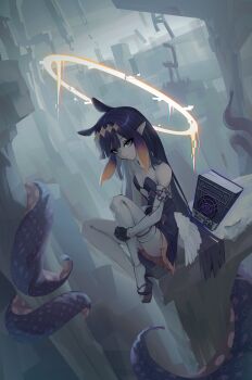 1girl absurdres ao-chan_(ninomae_ina'nis) bare_shoulders black_collar black_dress black_gloves blue_eyes blunt_bangs clothing_cutout collar colored_skin commentary cutout_above_navel detached_sleeves dress expressionless feathered_wings flat_chest full_body fur-trimmed_collar fur_trim glitch gloves gradient_hair grey_skin halo headpiece highres holding_own_leg hololive hololive_english lazyfox long_hair looking_at_viewer low_wings miniskirt multicolored_hair ninomae_ina'nis ninomae_ina'nis_(1st_costume) okobo orange_hair orange_skirt outdoors parted_bangs platform_clogs platform_sandals pleated_skirt pointy_ears purple_hair sandals short_dress sidelocks single_detached_sleeve single_thighhigh sitting skirt skirt_under_dress solo straight_hair strapless strapless_dress tabi tentacle_hair tentacles thighhighs tube_dress very_long_hair virtual_youtuber white_sleeves white_thighhighs white_wings wings