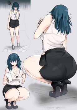 1girl alternate_costume ass black_skirt blue_eyes blue_hair bra_visible_through_clothes breasts female_byleth_(fire_emblem) cleavage commentary english_commentary fire_emblem fire_emblem:_three_houses from_behind from_side high_heels highres large_breasts long_hair miniskirt multiple_views nintendo panties_visible_through_clothes paper_stack patreon_username pencil_skirt shirt skirt squatting vialnite white_background white_shirt