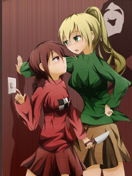 2girls blonde_hair blush braid brown_hair brown_skirt commentary_request artistic_error green_eyes green_shirt holding holding_knife knife long_sleeves looking_at_another madotsuki multiple_girls open_mouth pink_shirt poniko ponytail red_eyes red_skirt shirt skirt sweat switch twin_braids uboa uekara5 kabedon yume_nikki yuri