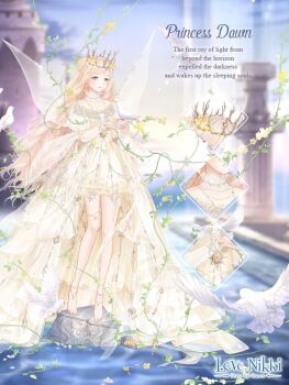 1girl anklet artist_request bare_shoulders barefoot bird blonde_hair blue_eyes blue_sky blunt_bangs blurry blurry_background braid braided_bun castle character_name choker close-up cloud collarbone copyright_logo crown dawn day diamond_(shape) dot_nose double_bun dove dress english_text fairy flower frilled_choker frills frown full_body gown gradient_sky hair_bun hair_flower hair_ornament half-closed_eyes jewelry light_blush logo long_dress long_hair looking_ahead miracle_nikki necklace nikki_(series) ocean off-shoulder_dress off_shoulder official_art outdoors own_hands_together parted_lips petals pillar plant princess princess_dawn_(miracle_nikki) pussy_juice sad sky solo standing striped_clothes striped_dress sun thighlet third-party_source toes vertical-striped_clothes vertical-striped_dress very_long_hair vines wavy_hair white_choker yellow_dress yellow_flower yellow_sky