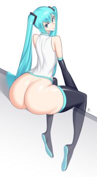 1girl absurdres ass bare_shoulders bottomless detached_sleeves green_eyes green_hair hatsune_miku highres huge_ass long_hair looking_at_viewer looking_back onaeane sitting sleeves_past_wrists solo thick_thighs thighhighs thighs twintails very_long_hair vocaloid white_background