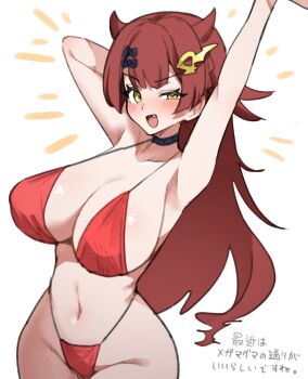 1girl arm_behind_head arm_up bikini black_bow black_choker bow breasts brown_hair choker cleavage dragon_musume_ni_naritakunai! duel_masters fang hair_bow hair_ornament highres huge_breasts long_hair looking_at_viewer maguma_mega navel open_mouth red_bikini solo swimsuit toriyarou translation_request white_background yellow_eyes