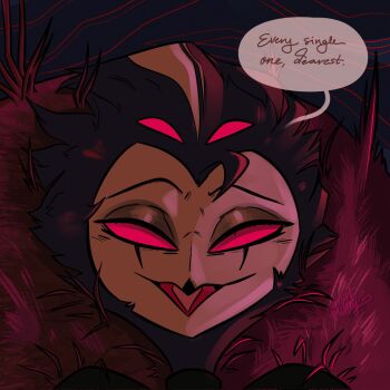 1boy bird black_hair english_text feathers hellaverse helluva_boss highres lying male_focus mistmistly open_mouth owl red_eyes speech_bubble stolas_(helluva_boss) tongue turtleneck