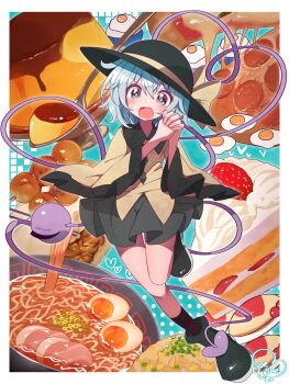Rule 34 | 1girl, :d, black skirt, blush, boots, cake, cake slice, commentary request, food, food-themed background, fried egg, full body, green eyes, green hair, hair between eyes, hat, highres, interlocked fingers, komeiji koishi, leg up, legs, medium hair, noodles, omelet, omurice, open mouth, own hands together, pizza, pudding, ramen, shirt, skirt, smile, soesoe300, solo, spoon, star-shaped pupils, star (symbol), symbol-shaped pupils, thighs, third eye, touhou, yellow shirt