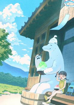 &gt;_&lt; 1girl arm_up bear black_hair blue_sky bowl braid braided_twintails bucket bucket_of_water building child closed_eyes cloud collared_shirt commentary_request day disgust dutch_angle eating field film_grain flip-flops food forest furry grass green_shirt highres hill holding holding_bowl holding_spoon hot house ito_yoshi long_hair mountainous_horizon nature no_nose no_socks open_mouth original outdoors polar_bear raised_inner_eyebrows sandals scenery shaved_ice shirt short_shorts shorts shouji sky sliding_doors spoon summer sunlight sweat sweatdrop tree twintails veranda wavy_mouth white_shorts wind_chime wing_collar wooden_bucket