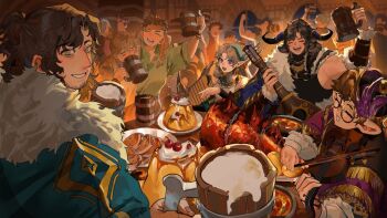 3boys 3girls bar_(place) beard_stubble beer_mug black_hair black_horns black_shirt blonde_hair blurry blurry_background brown_hair cake check_copyright closed_mouth commentary_request copyright_request cow_girl cow_horns cup facial_hair food fur-trimmed_jacket fur_trim green_jacket grey_eyes highres holding holding_cup holding_instrument holding_lyre holding_violin horns indoors instrument jacket light_particles long_hair looking_at_viewer looking_back lute_(instrument) lyre medium_hair mug multiple_boys multiple_girls muscular muscular_female night nose open_mouth original parted_lips people pointy_ears purple_eyes round_eyewear shirt short_hair smile stubble teeth thai_commentary upper_body violin window yusu_zune