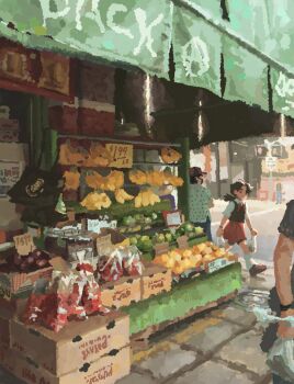 3others apple atmospheric_perspective bag banana baseball_cap bracelet brown_hair brown_vest cardboard crossed_arms english_text food fruiitlins fruit full_body hat highres holding holding_bag jewelry low_ponytail market_stall multiple_others orange_(fruit) original out_of_frame polka_dot polka_dot_shirt ponytail puddle red_skirt road school_uniform shirt skirt street tote_bag vest walking water_cooler white_shirt