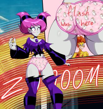 absurdres dc_comics embarrassed highres imsomethingradical jinx_(dc) kid_flash panties pink_panties teen_titans torn_clothes underwear unicorn_print