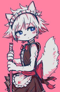 :< alternate_costume animal_ears apron back_ribbon black_dress blue_eyes blush blush_stickers bow bowtie broom changed dress enmaided exepresso frown furry furry_male highres holding holding_broom light_frown lin_(changed) maid maid_apron maid_headdress messy_hair pink_background raised_eyebrow red_bow red_bowtie red_ribbon ribbon sleeveless sleeveless_dress tail white_fur white_hair wolf wolf_ears wolf_tail