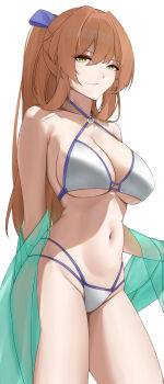 1girl absurdres arm_behind_back arm_out_of_frame bare_shoulders bikini blue_ribbon breasts casperrin cleavage closed_mouth collarbone commentary english_commentary feet_out_of_frame girls&#039;_frontline green_eyes hair_ornament hair_ribbon highres large_breasts lips long_hair looking_at_viewer navel official_alternate_costume orange_hair ribbon simple_background solo springfield_(girls&#039;_frontline) springfield_(stirring_mermaid)_(girls&#039;_frontline) standing swimsuit thighs white_background white_bikini